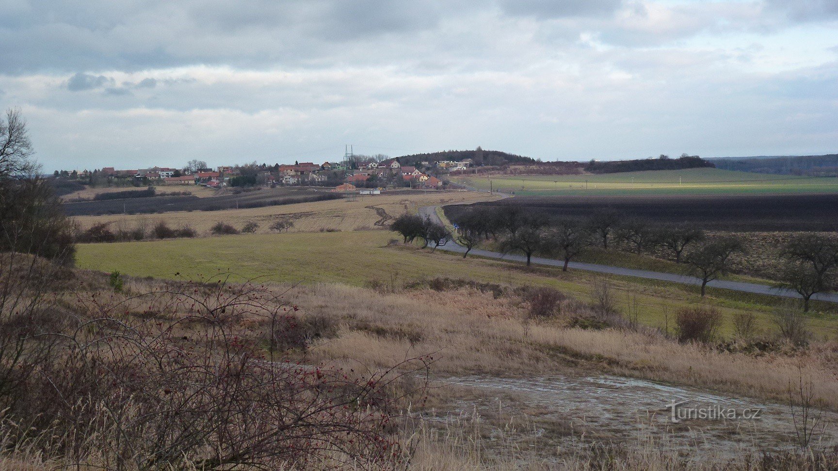 Mokošín-pohled na kopec a obec Mokošín z nedalekého jilníku v Tupesích