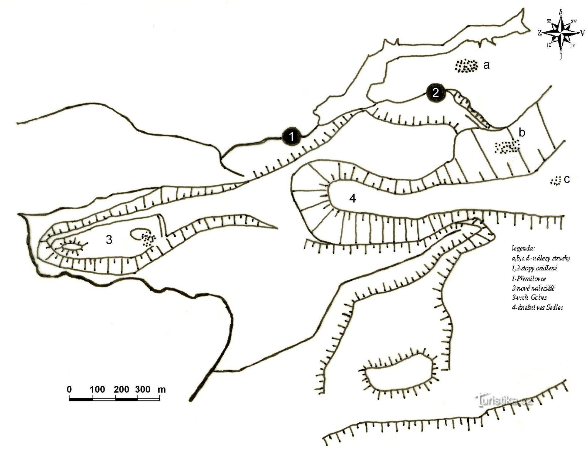 vlevo vrch Gobes, point 1 - Přemilovice, point 2 - lokalita s raně středověkými 
