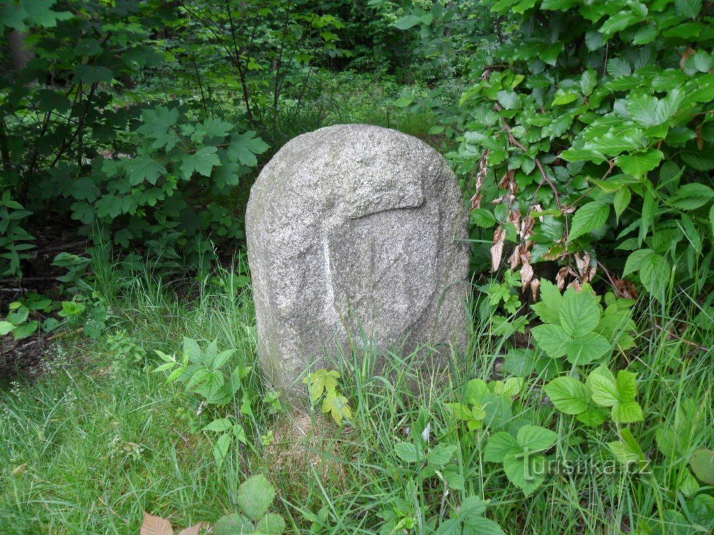 100m back to Peperk, there is a boundary stone of the Žďár manor in the bushes by the road.