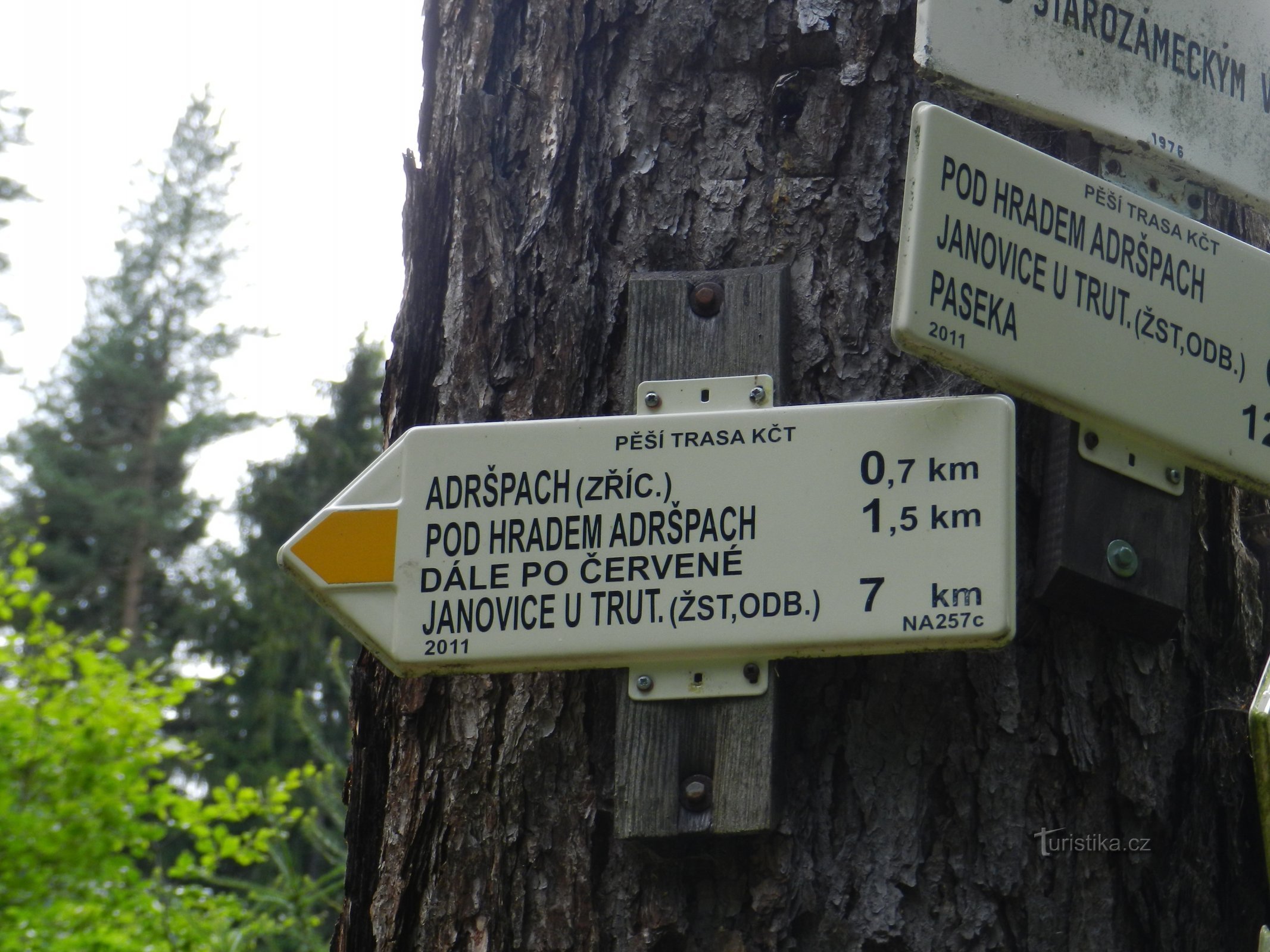 Adršpach treinstation - de ruïnes van het kasteel Adršpach op Starozámecký vrch