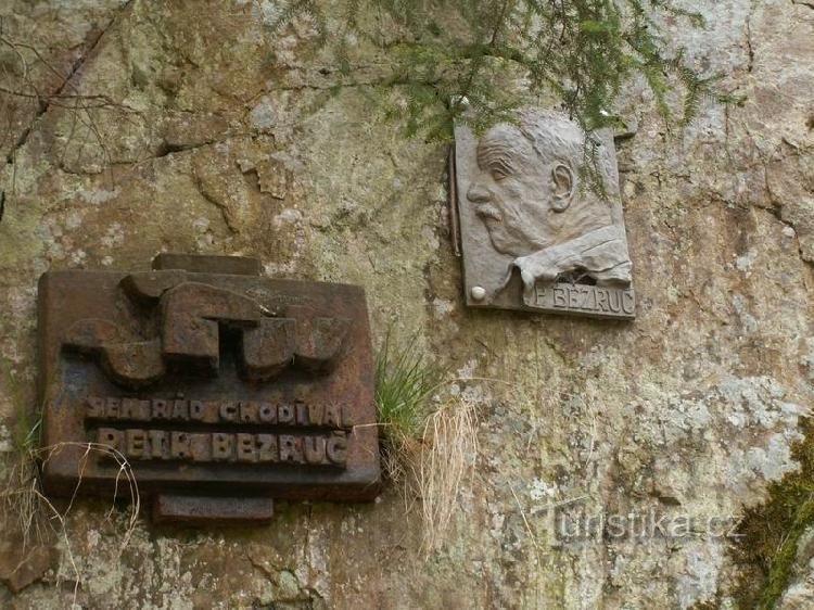 Placa conmemorativa de Bezruč: Petr Bezruč y sus amigos como Šmelcovna (y pub U