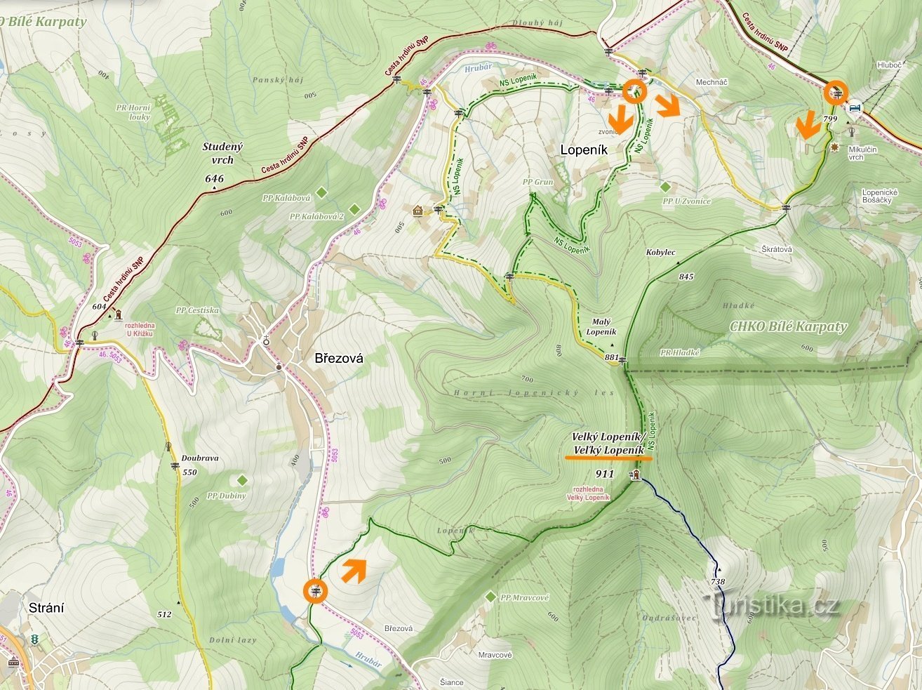 Carpates blanches : Velký Lopeník - carte des voies d'accès (source : mapy.cz)