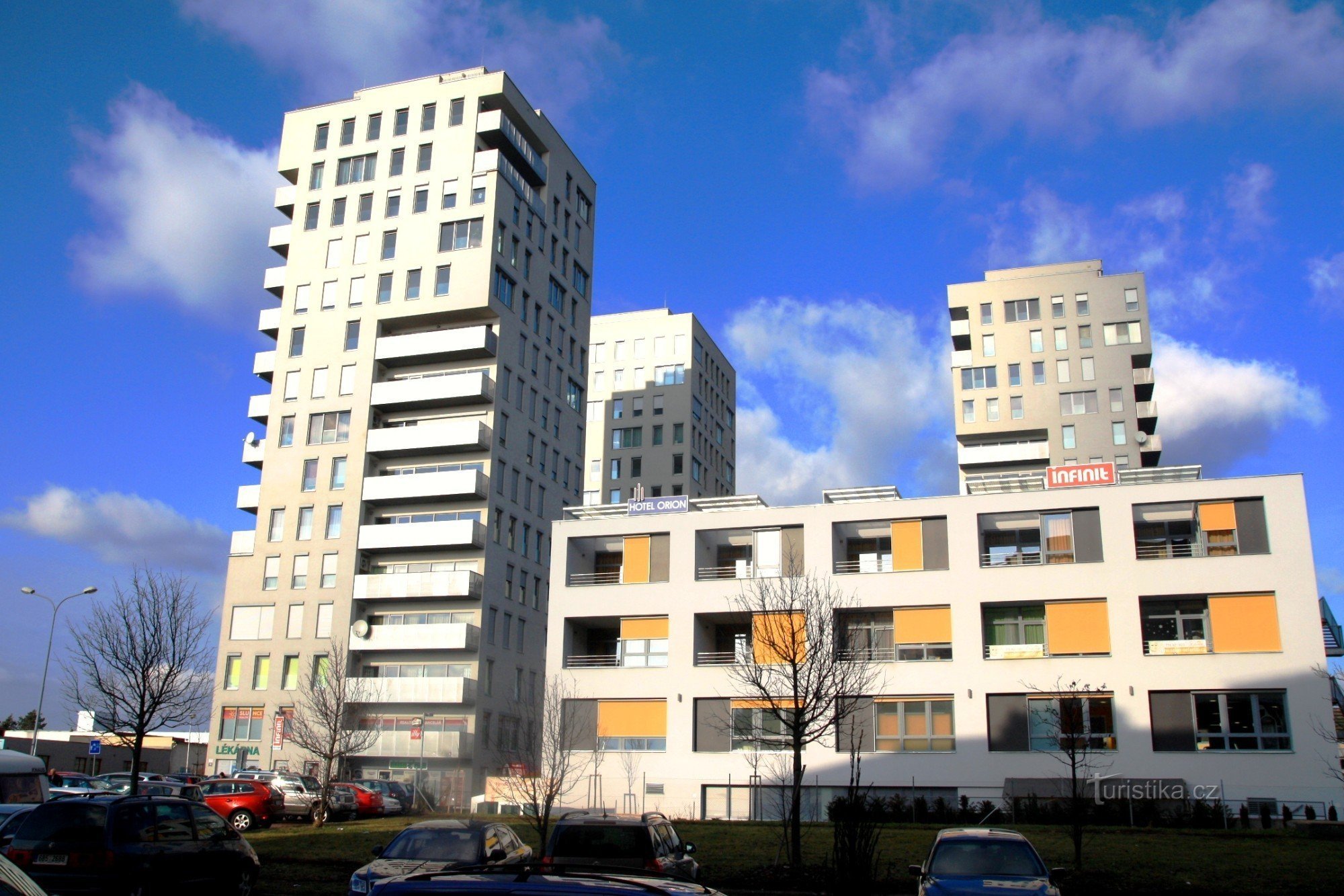 Apartment complex Orion, in the foreground the hotel of the same name