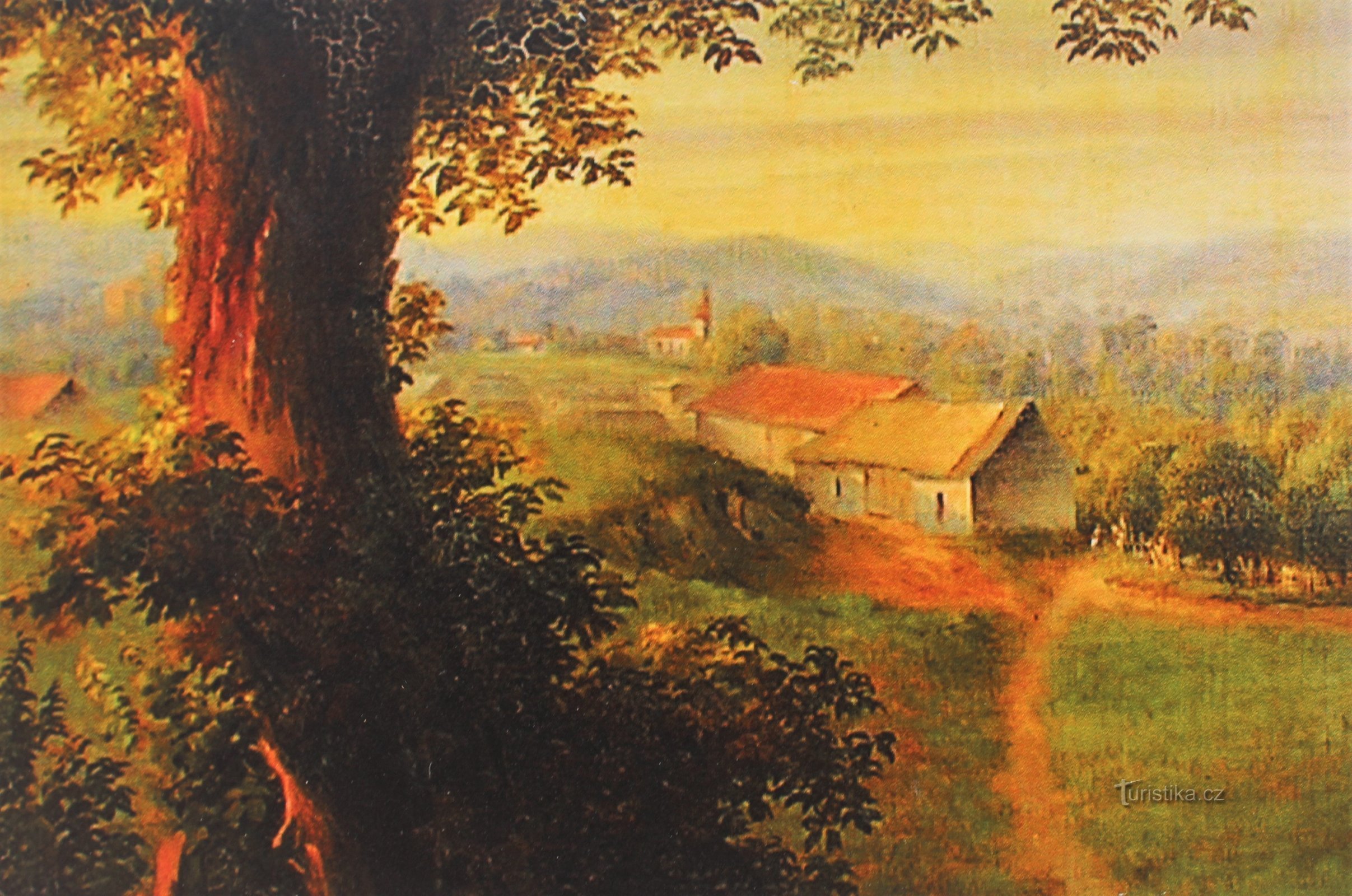 Čeladice lader og bag dem fundamentet af vandskadede huse, udskåret af et maleri fra det 18. århundrede