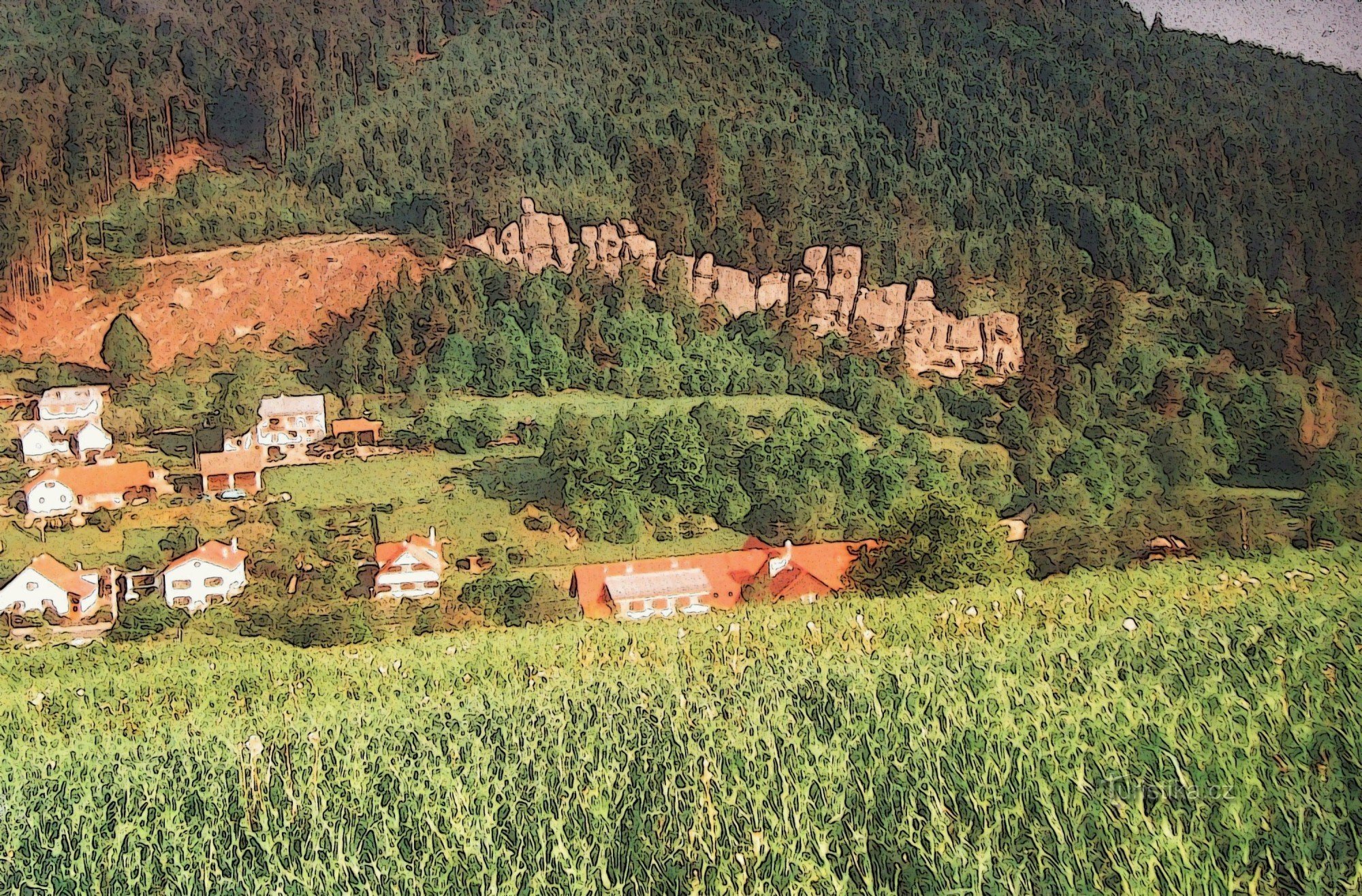 Teufelsfelsen und Raststätte von den Hängen von Stráže II