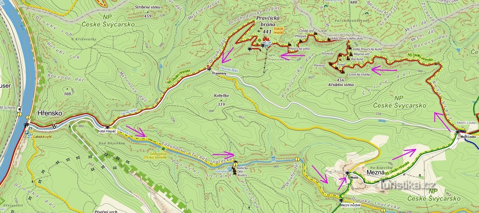 Elveția Cehă: harta rutei Mezní Louka - Pravčická brána - Soutěska Kamenice -
