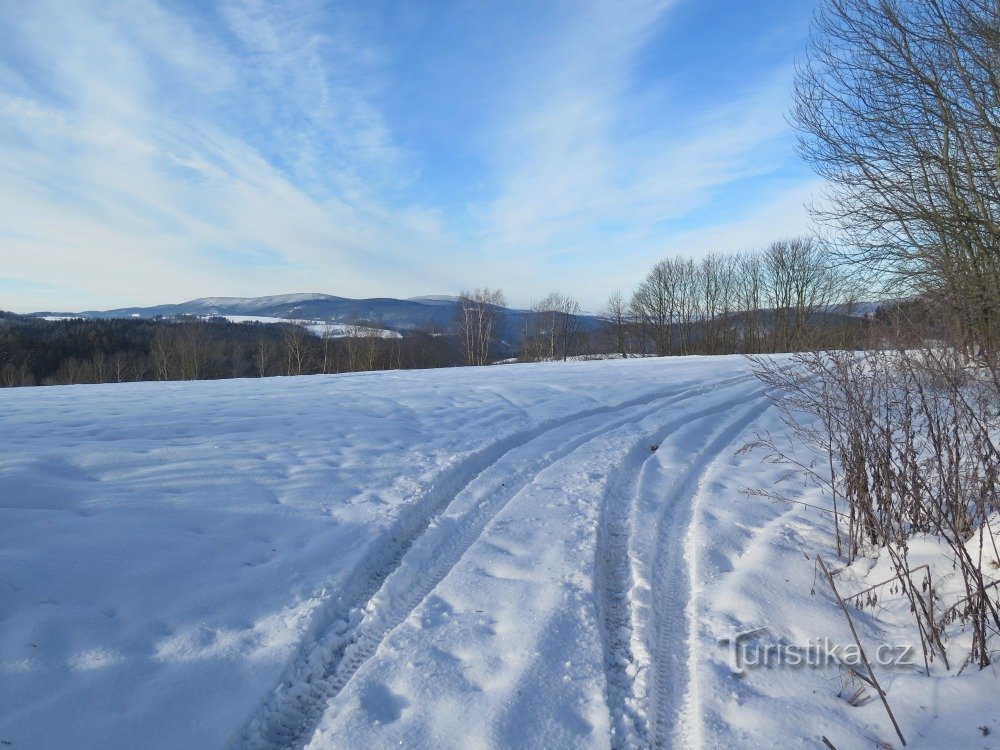 Unterwegs schlängeln sie sich durch den Schnee von Pekařov nach Tři kameny