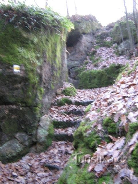 многочисленные лестницы, вырубленные в скале