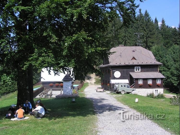 Hut: Surroundings of the hut with a signpost