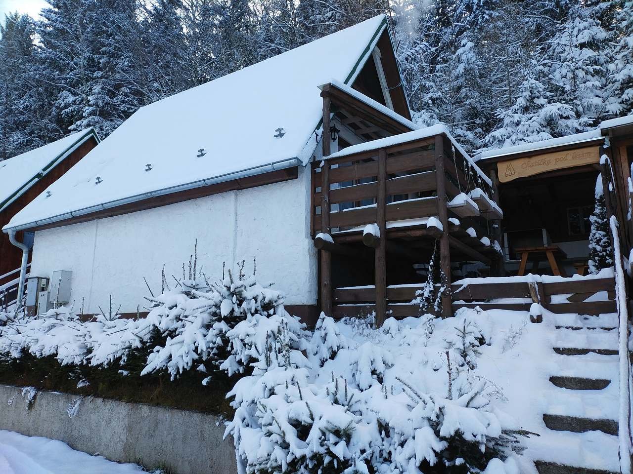 Víkendház erdő alatt - víkendház télen