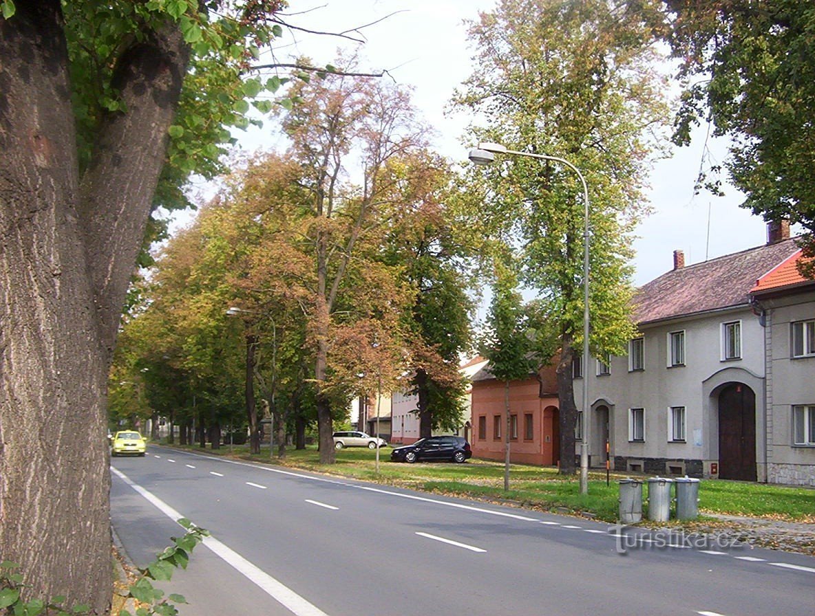 Chvalkovice-Selské náměstí med et monument over ofre for verdenskrigen og en statue af Hanačky-foto