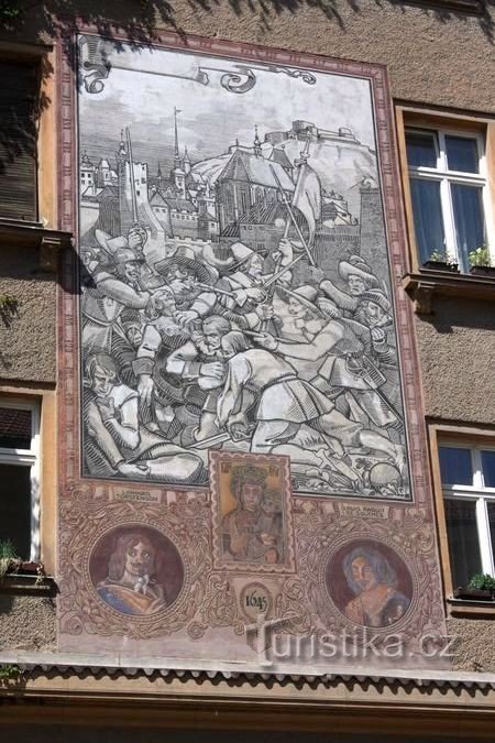 Sgraffito-Detail von der Seite der Smetana-Straße