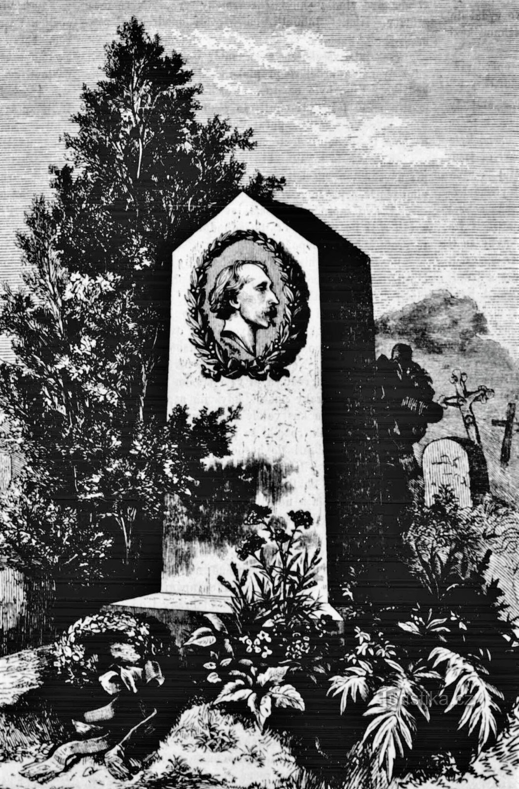 Samtida ritning av monumentet till Josef Mánes på Olšan-kyrkogården från 1873