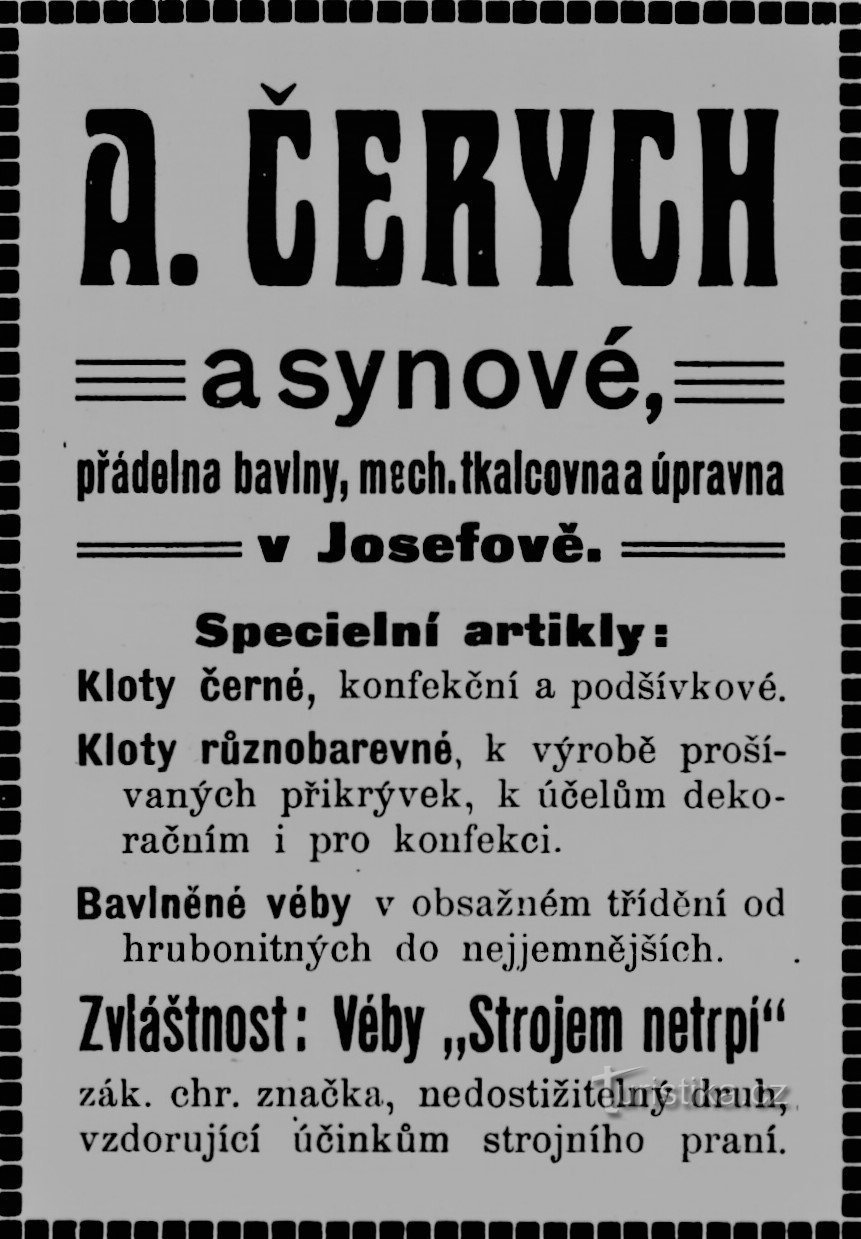 Contemporary advertisement of the company A. Čerych & sons in Josefov (1911)