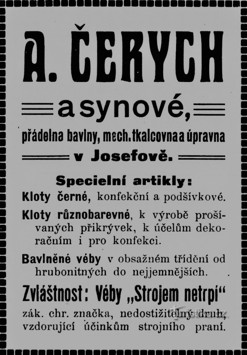 Reclamă contemporană a companiei A. Čerych & Sons din Josefov (1911)