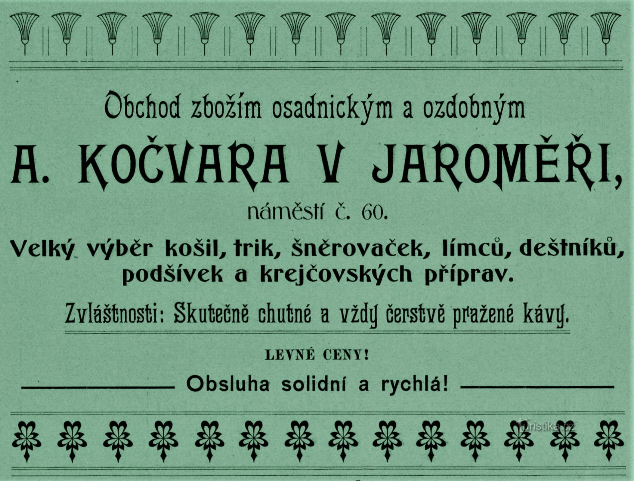 Samtida reklam för företaget A. Kočvara i Jaroměř från 1903