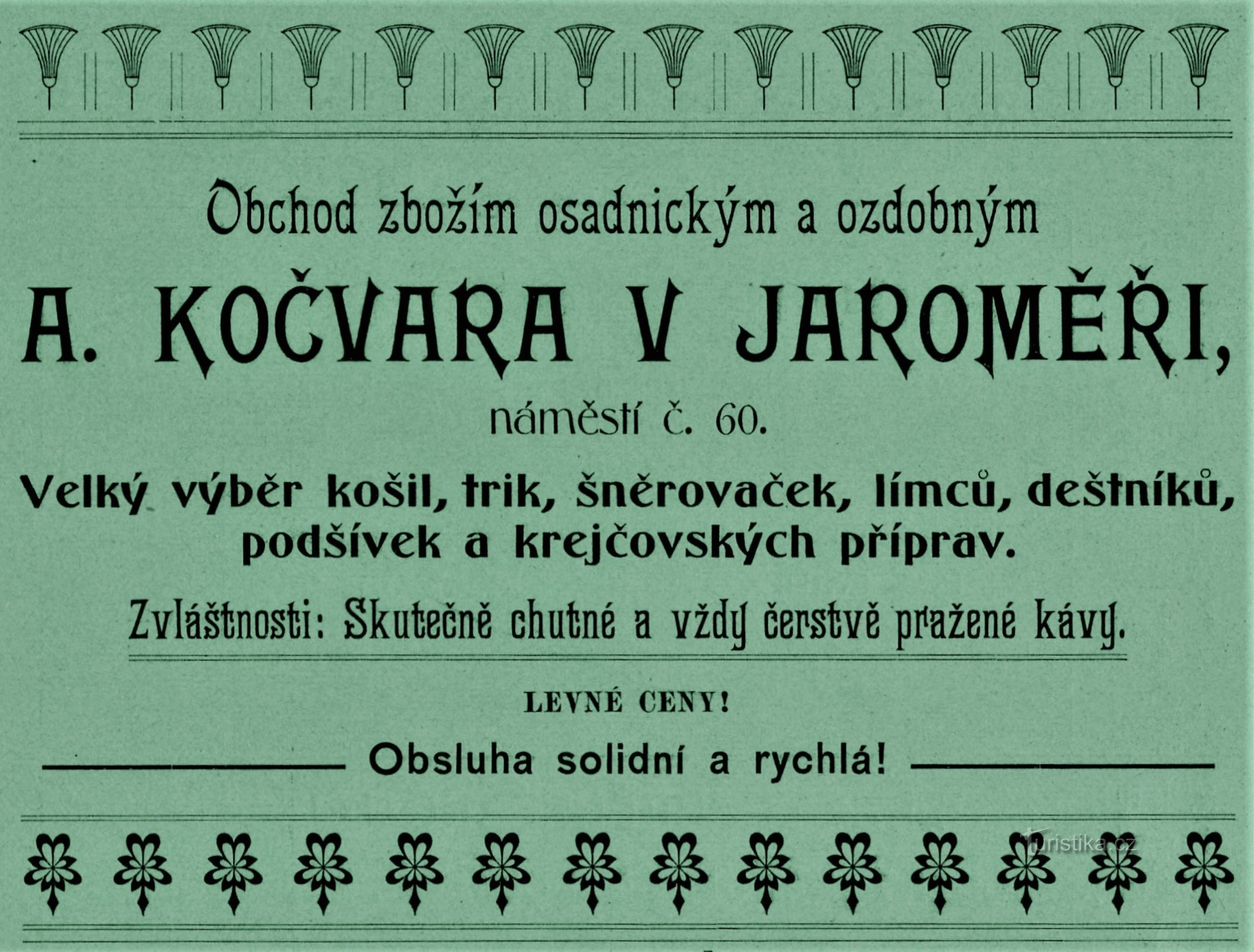 Anuncio contemporáneo de la empresa A. Kočvara en Jaroměř de 1903