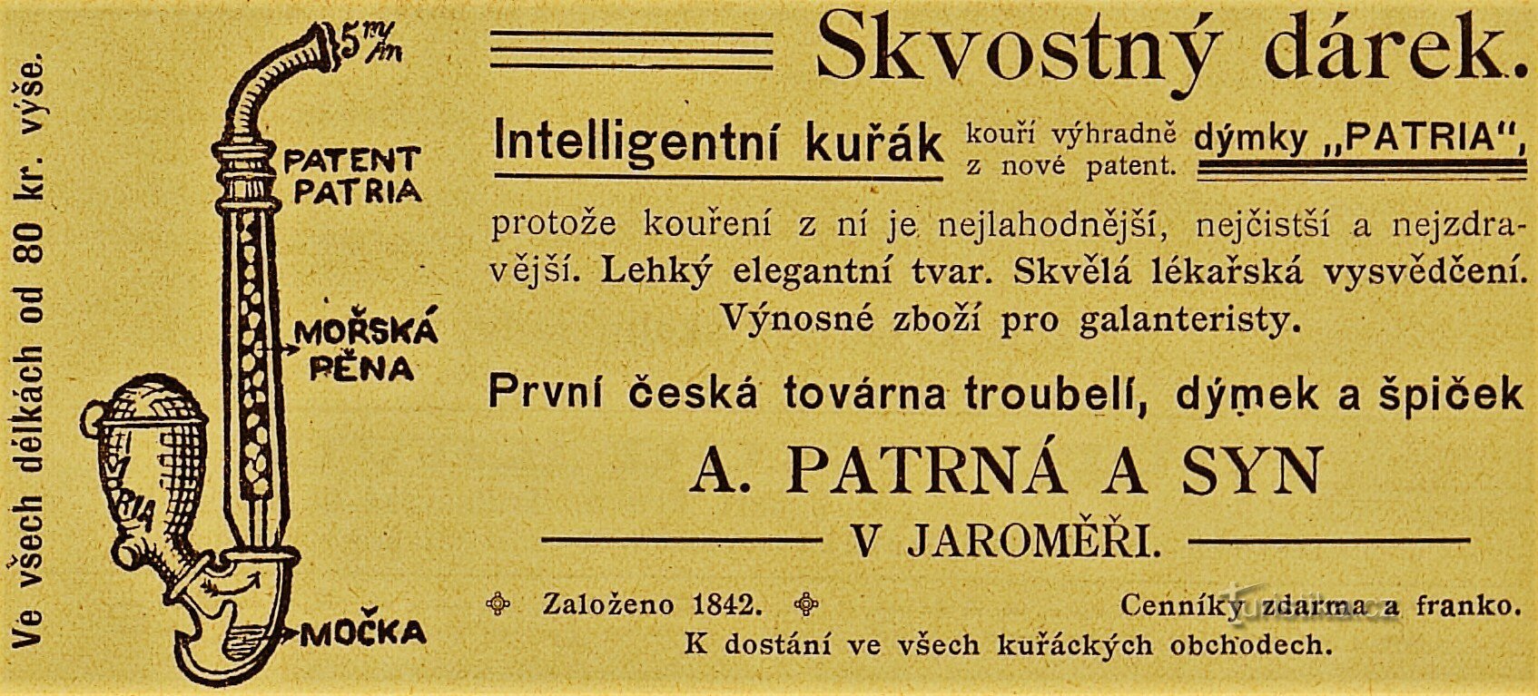 Contemporary advertisement of the company A. Patrná and son in Jaroměř (1901)