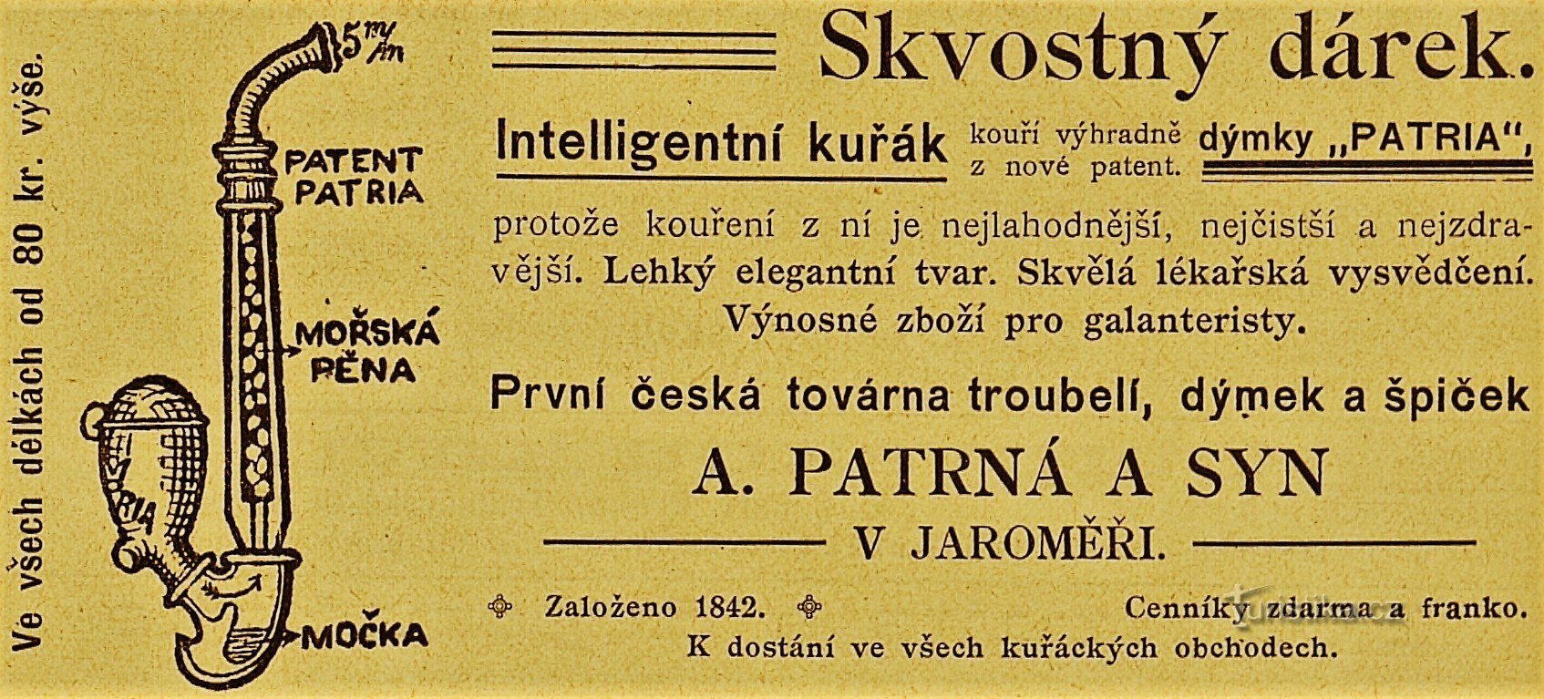 Reclamă contemporană a companiei A. Patrná și fiul din Jaroměř (1901)