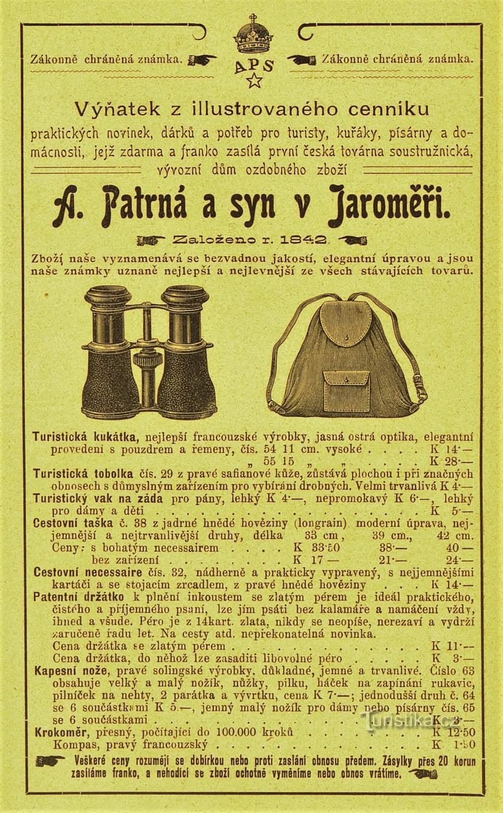 Zeitgenössische Werbung der Firma A. Patrná und Sohn in Jaroměř (1902)