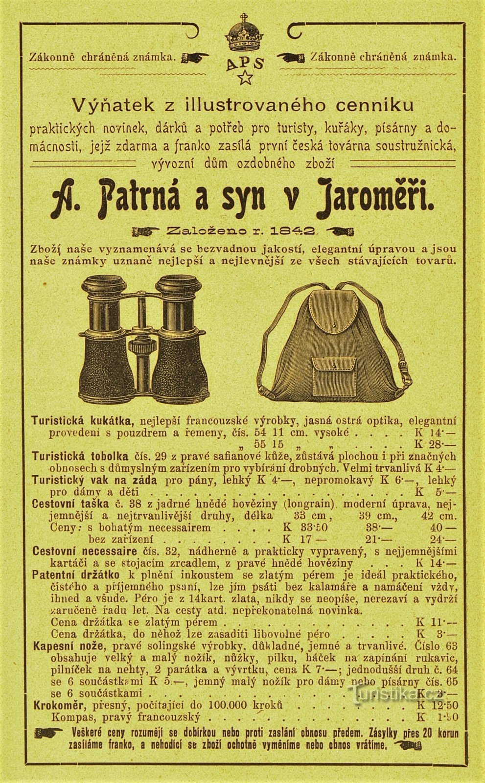 Contemporary advertisement of the company A. Patrná and son in Jaroměř (1902)