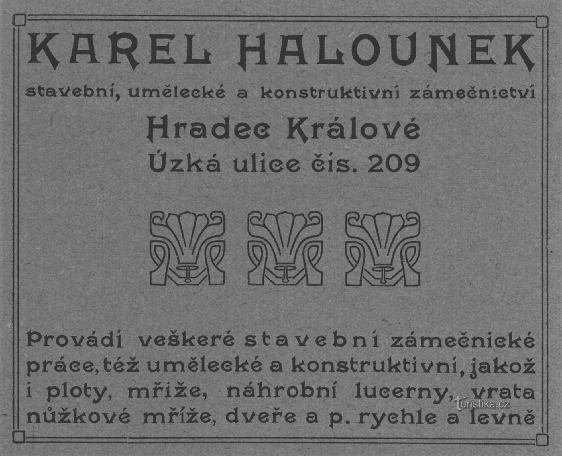 Reklama z epoki warsztatu ślusarskiego Halounk