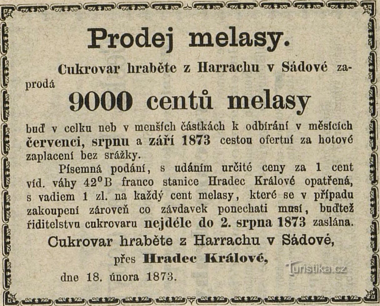 Reclamă de epocă a fabricii de zahăr Harrach din 1873