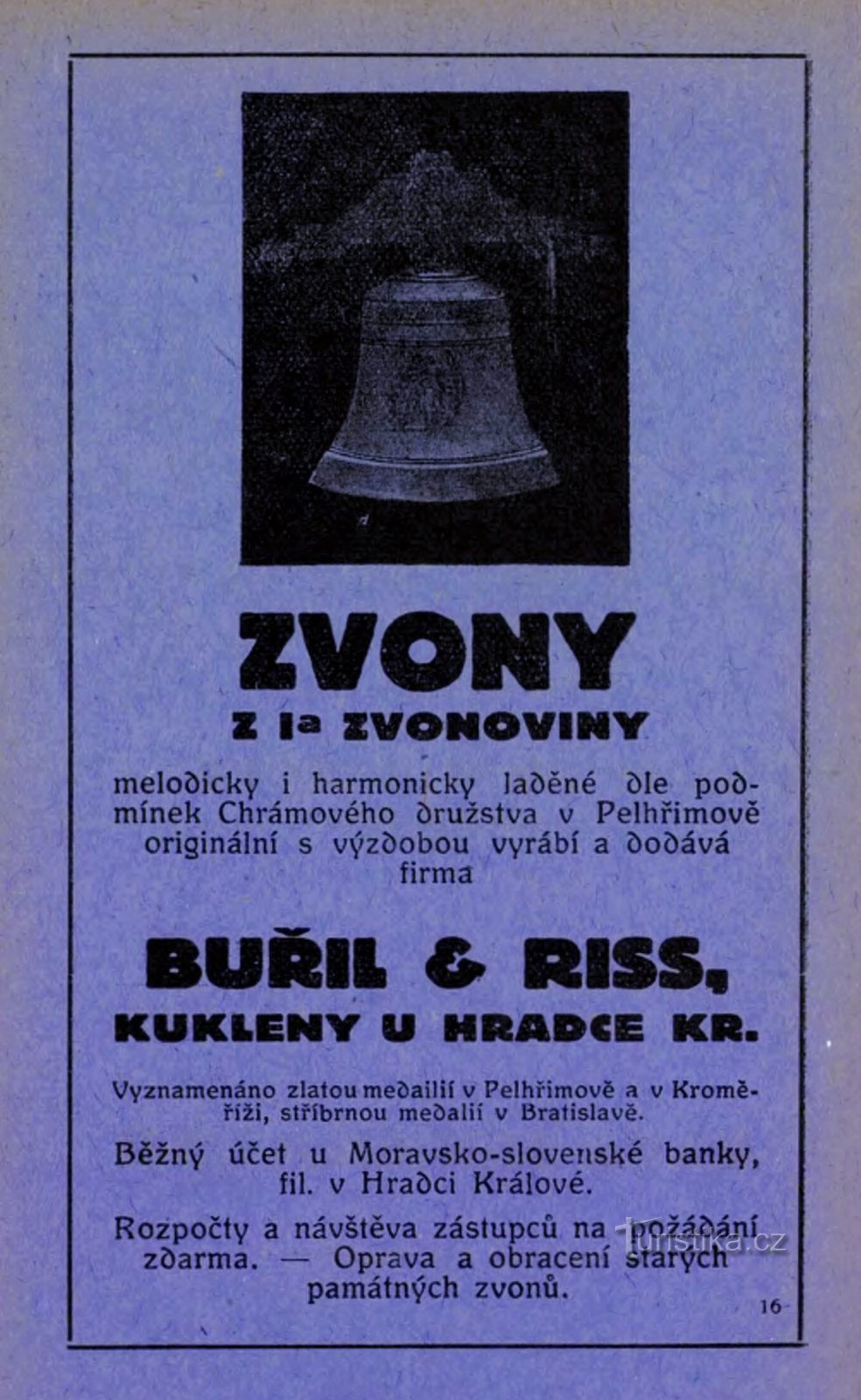 Zeitgemäße Anzeige der Glockenmacherei Buřil und Riss in Kuken aus dem Jahr 1928