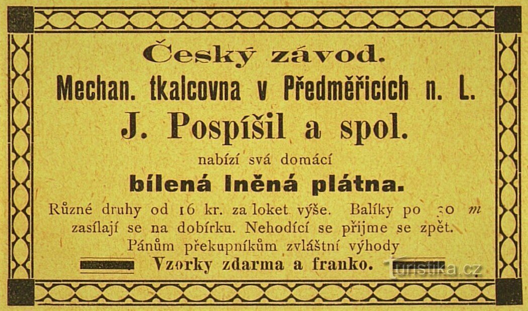 Josef Pospíšilin mekaanisen kutomatehtaan nykyaikainen mainos vuodelta 1896