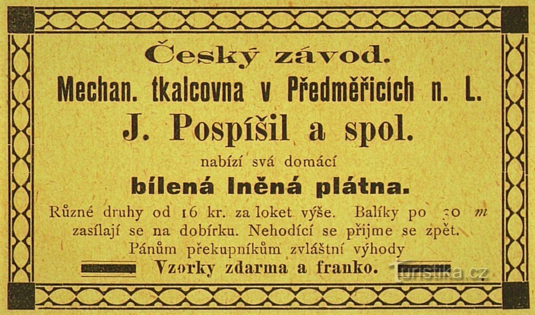 Reclamă contemporană a fabricii de țesut mecanic a lui Josef Pospíšil din 1896