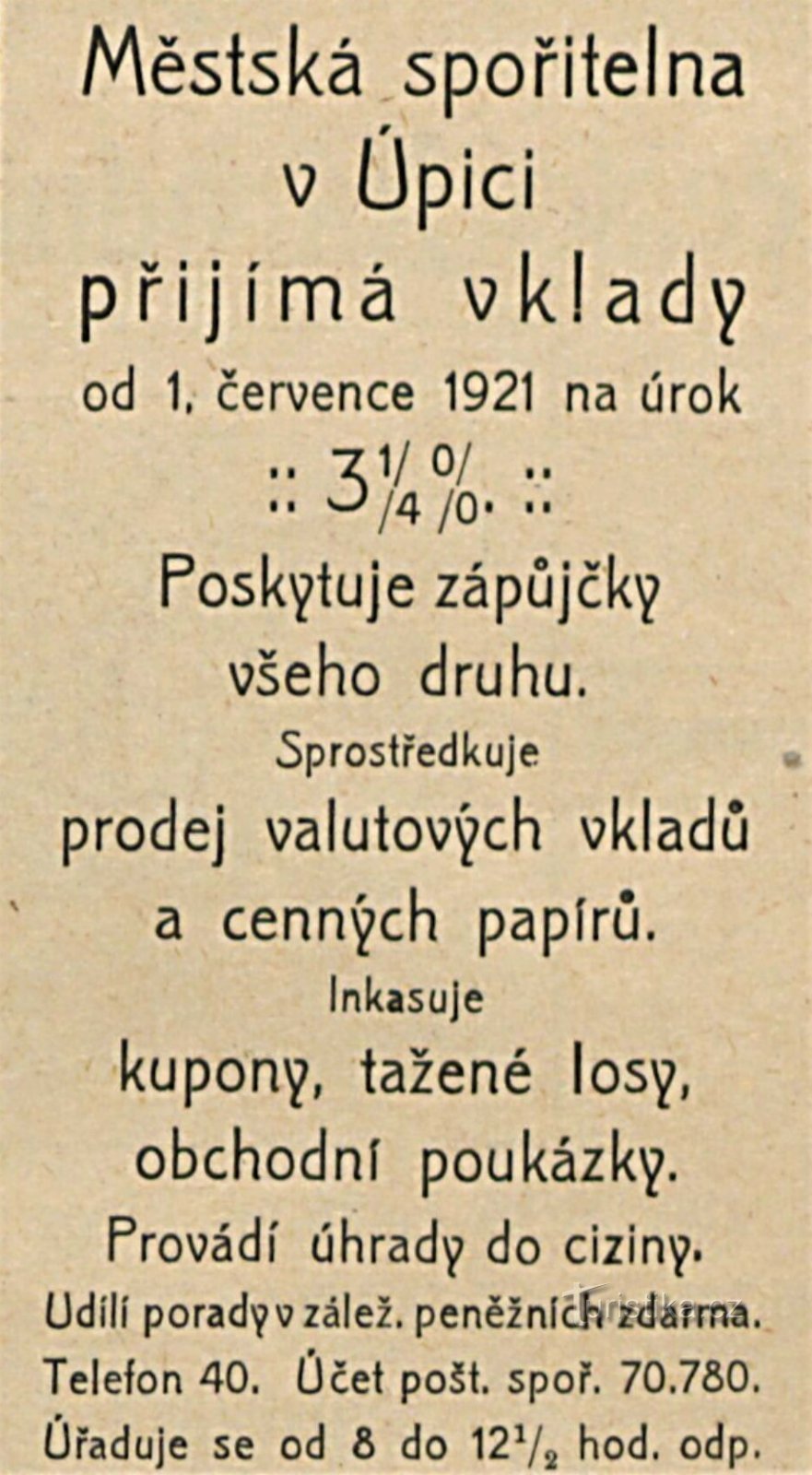 Reclamă contemporană a Băncii Municipale de Economii din Úpica din 1920