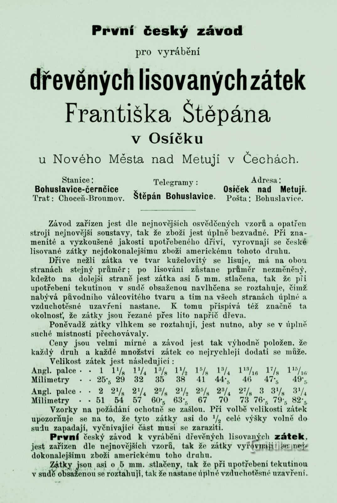 Reclamă de epocă a morarului František Štěpán din 1893