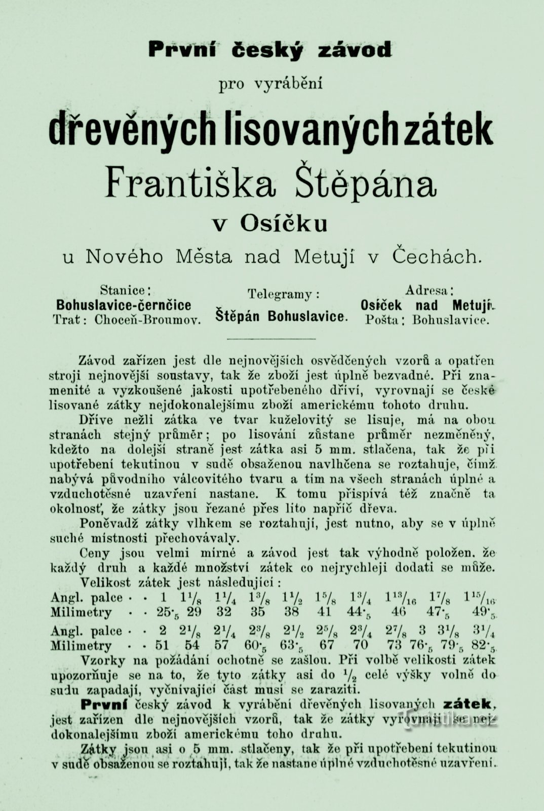 Zeitgenössische Anzeige des Müllers František Štěpán aus dem Jahr 1893