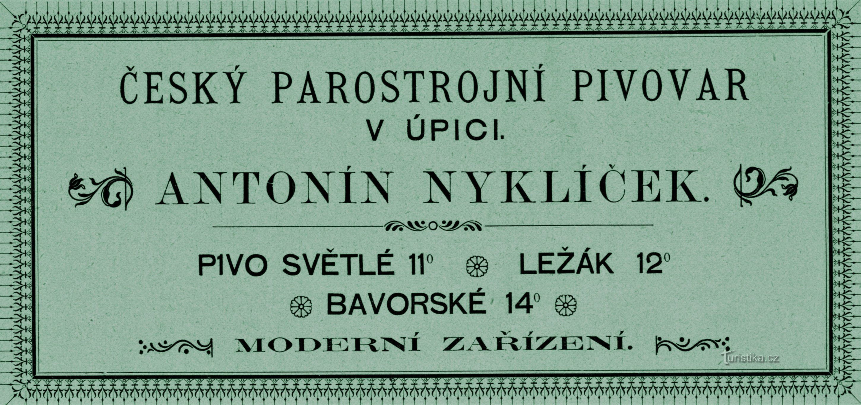 Dobová reklama Nyklíčkova parostrojního pivovaru v Úpici (1899)