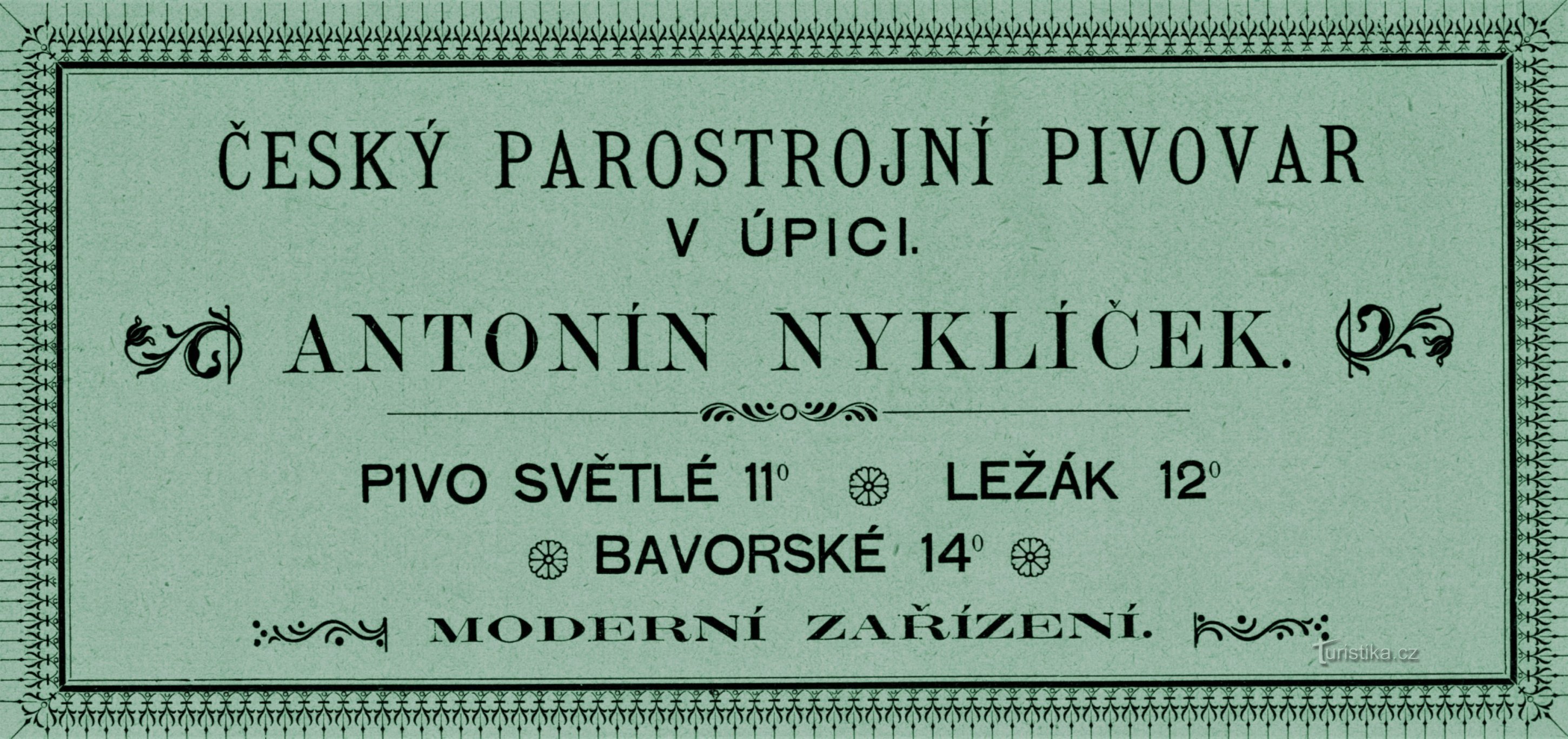 Anuncio contemporáneo de la cervecería a vapor de Nyklíčk en Úpica (1899)