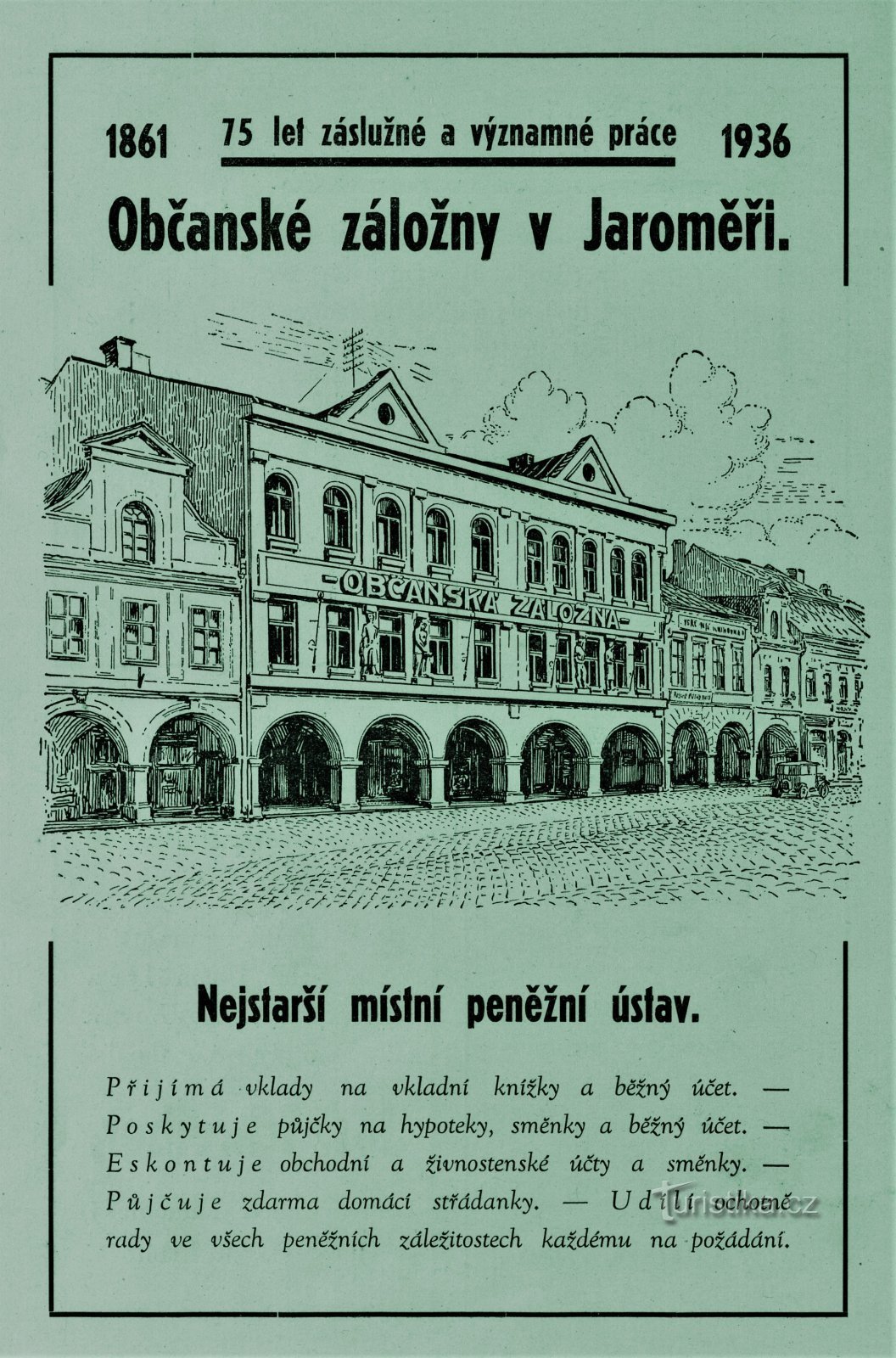Publicité contemporaine de la Caisse d'épargne civique à Jaroměř de 1936