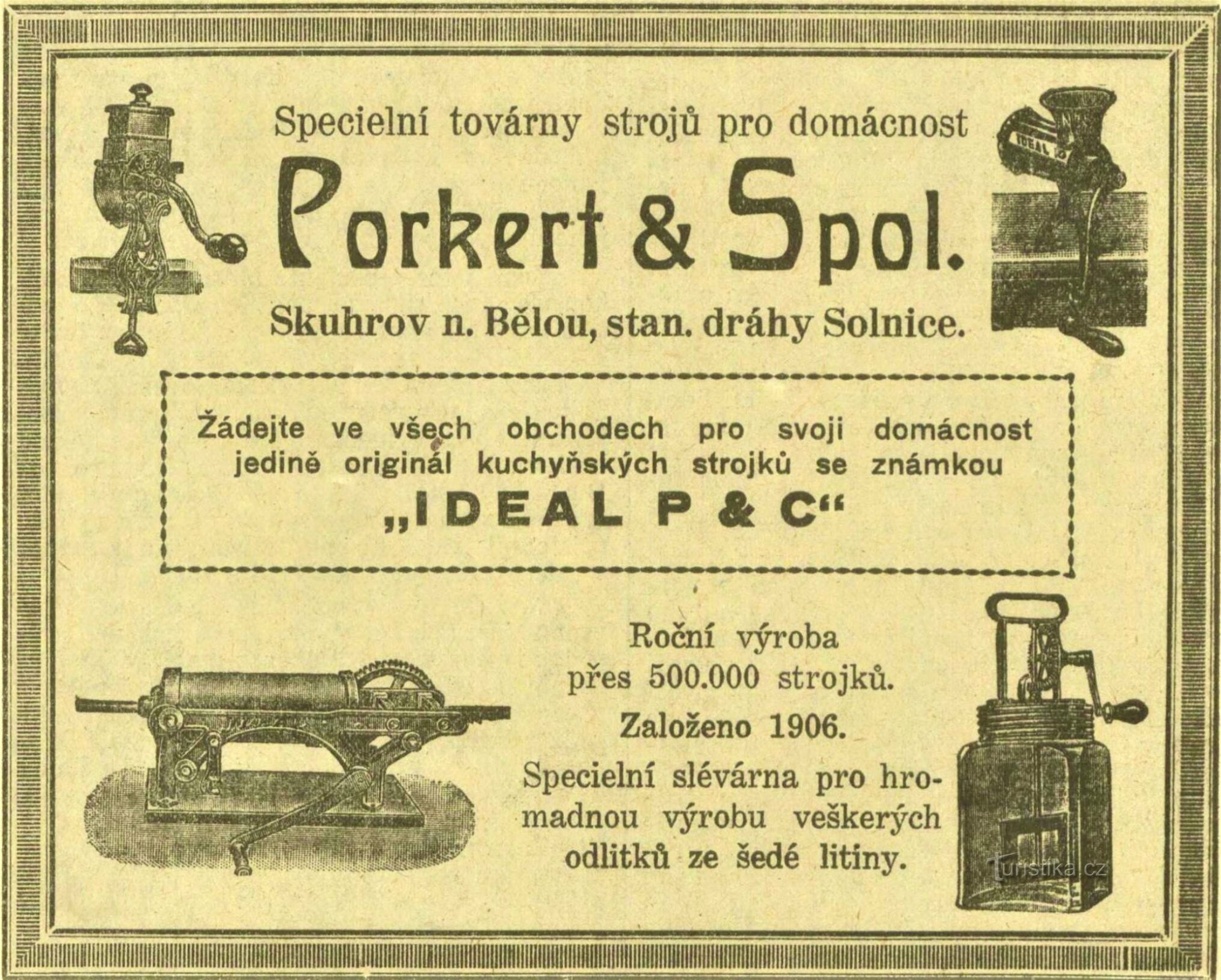 Periodični oglas tovarne Porkert v Skuhrovu nad Bělou iz leta 1930