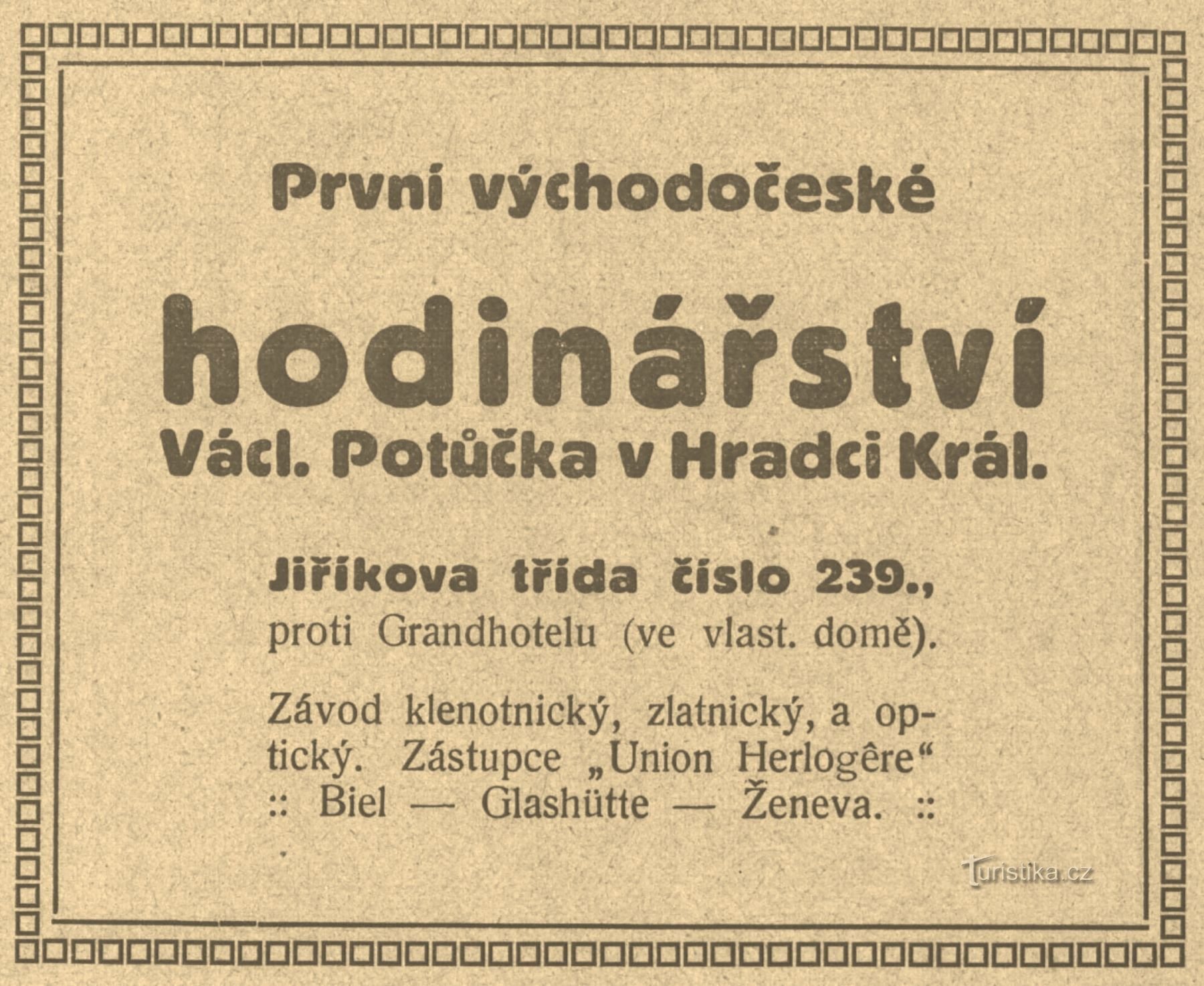 Periodeannonce for Potůčeks urmagerfirma fra 1911
