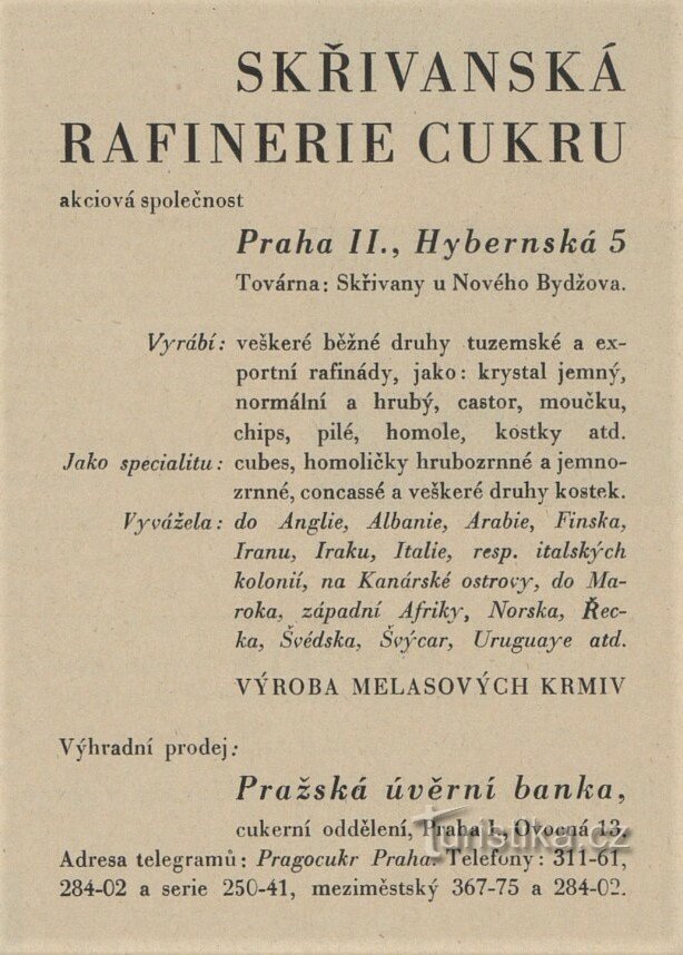 Anúncio do período da refinaria de açúcar Skřívan de 1941