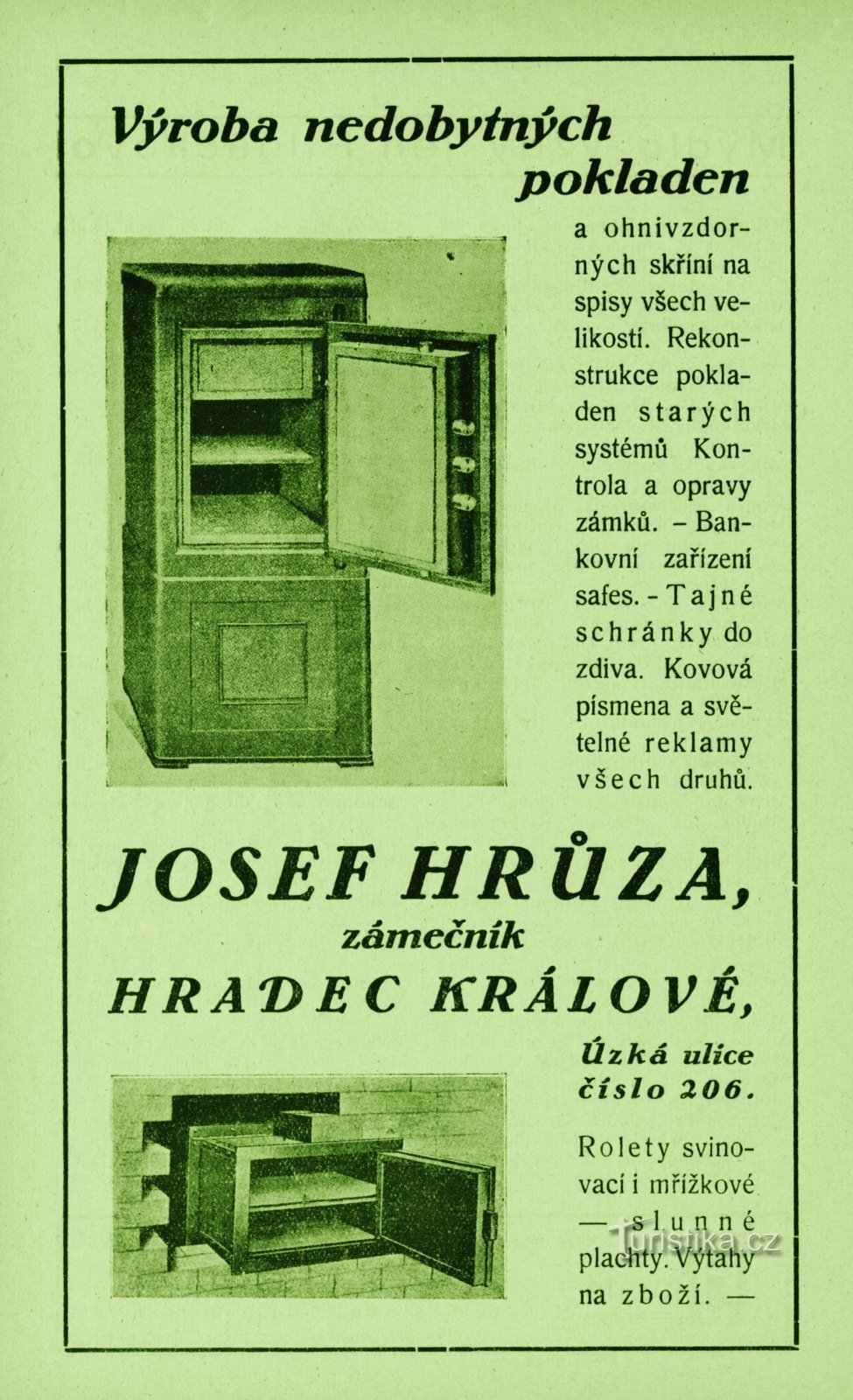Hedendaagse advertentie van Josef Hrůza's slotenmakerswerkplaats uit 1931