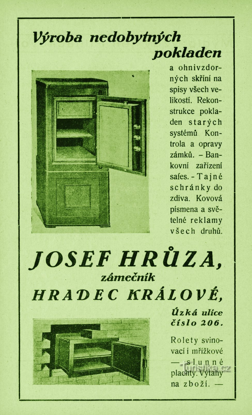 Anúncio contemporâneo da oficina de serralheria de Josef Hrůza de 1931