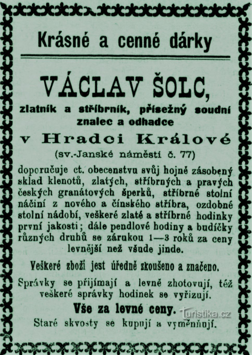 Hradec Královésta kotoisin oleva kultaseppä Václav Šolecin nykyaikainen mainos vuodelta 1899