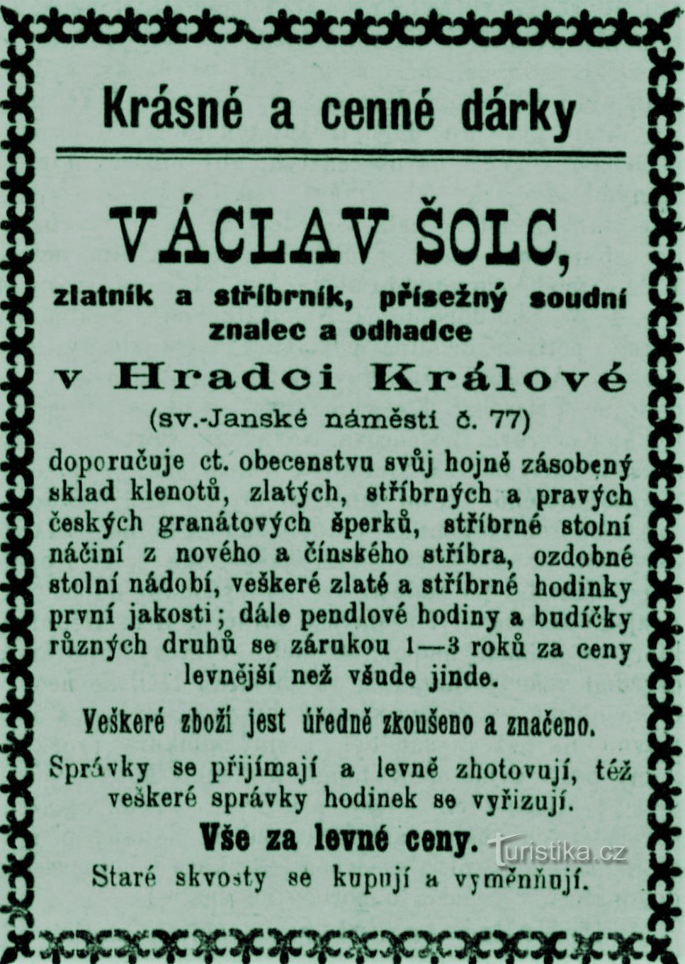 Сучасна реклама ювеліра Вацлава Шолеця з Градец Кралове 1899 року