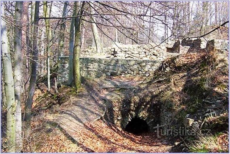 Dolany-Kartouzka-muros y entrada a la bodega en la parte norte del promontorio-Foto: Ulrych Mir.