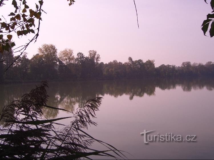 Dolní Polom von der Talsperre mit Heřmanický Teich