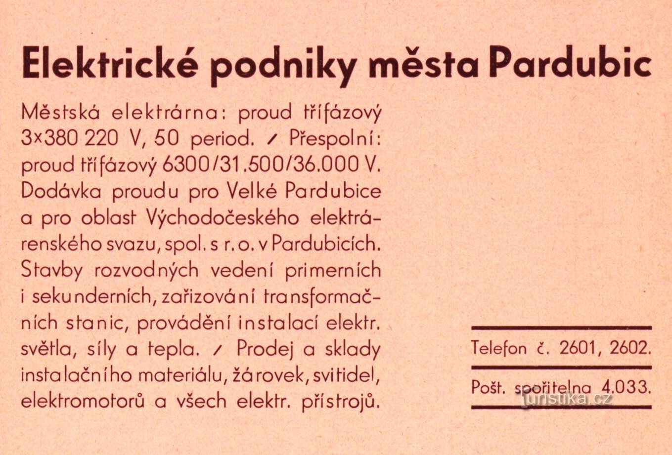 Faça propaganda das empresas Elétricas da cidade de Pardubice a partir de 1936