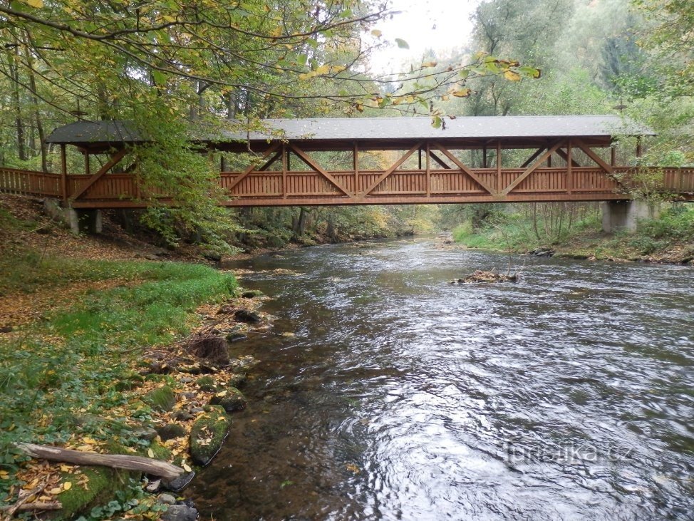 Wooden covered footbridge over Metuji