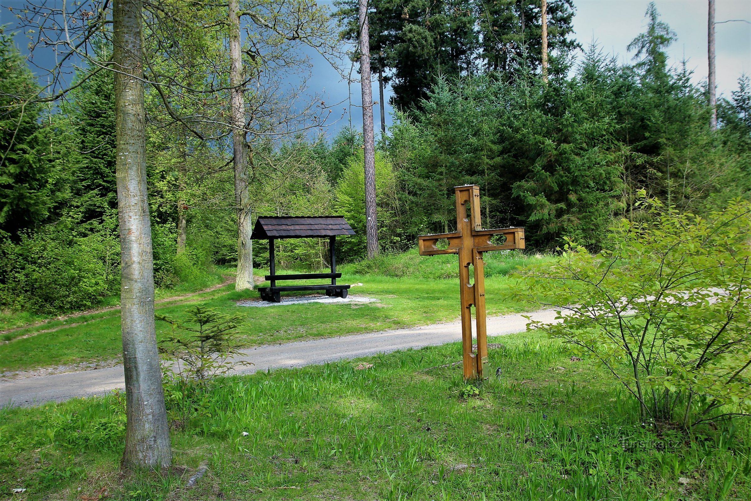 Houten kruis onder het bos van Ressl