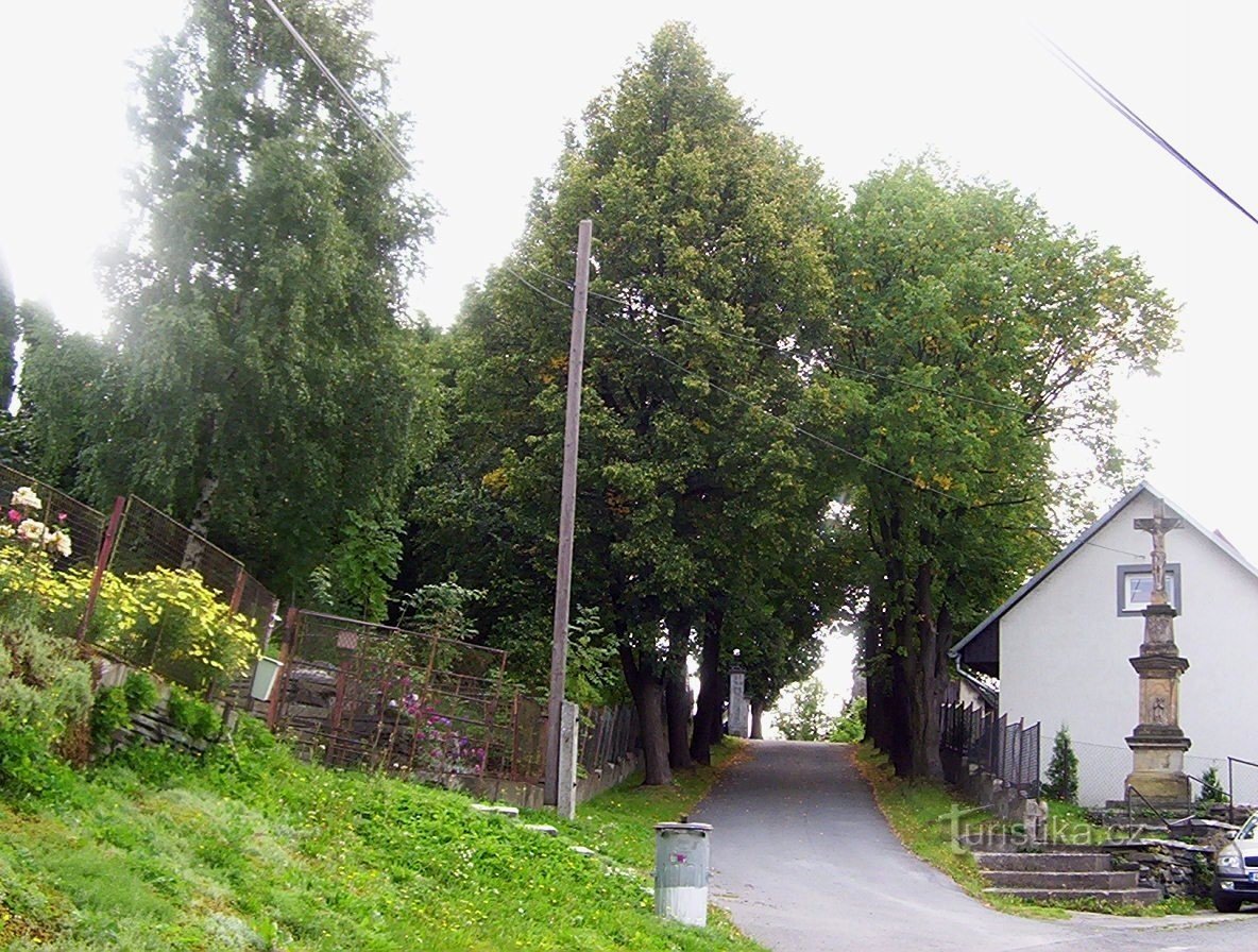 Dvorce – aleja do pokopališča s križem. Foto: Ulrych Mir.