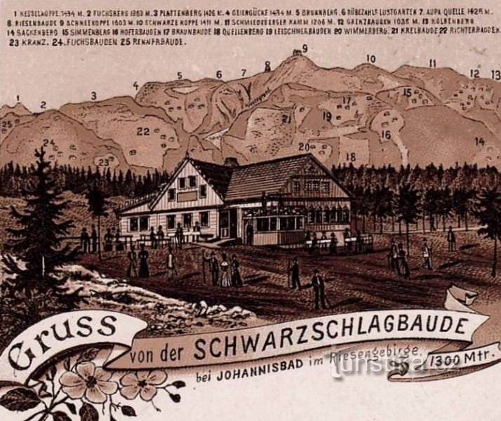 Historyczna pocztówka rysunkowa Černej Budy z opisem